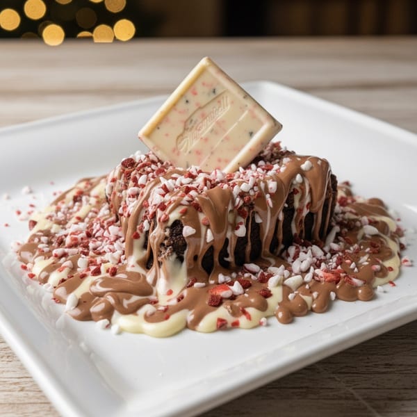 Chocolate brownie drenched in milk and white chocolate, topped with crushed peppermint and a white chocolate bar.